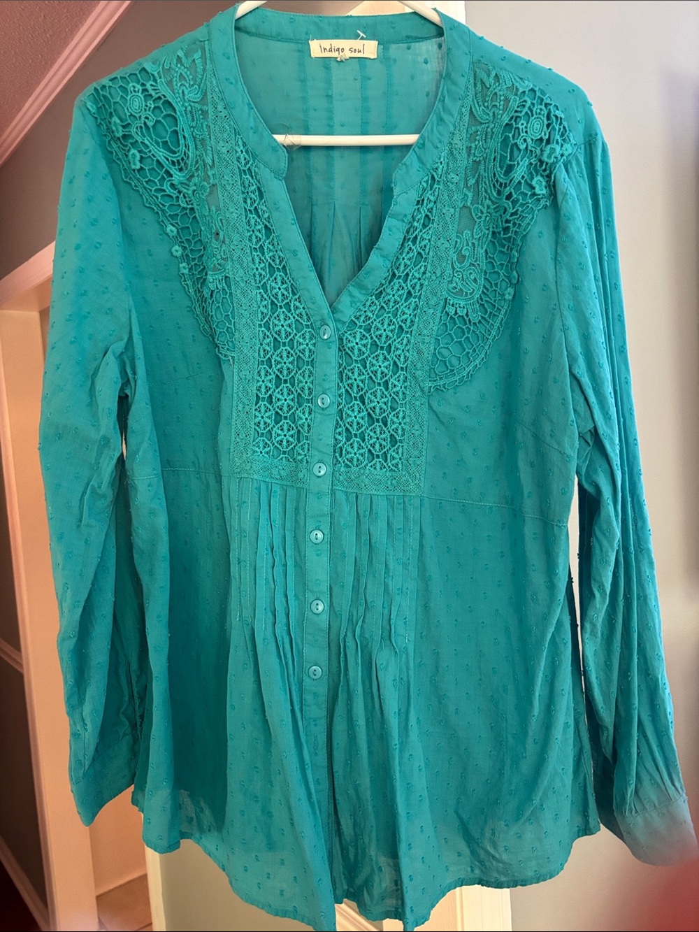 indigo soul Teal Crochet-Trim Button Front Peasant Tunic
